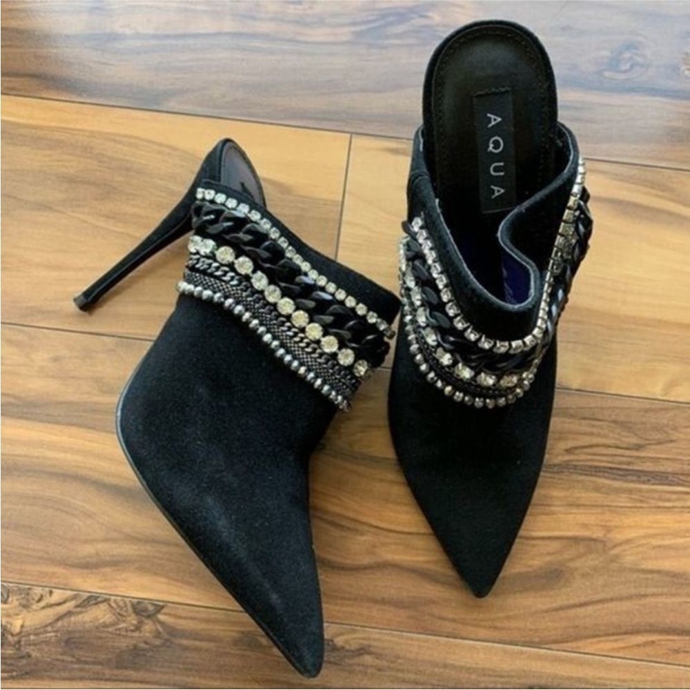 Aqua dare studed chains pointy toe heeled mules 10